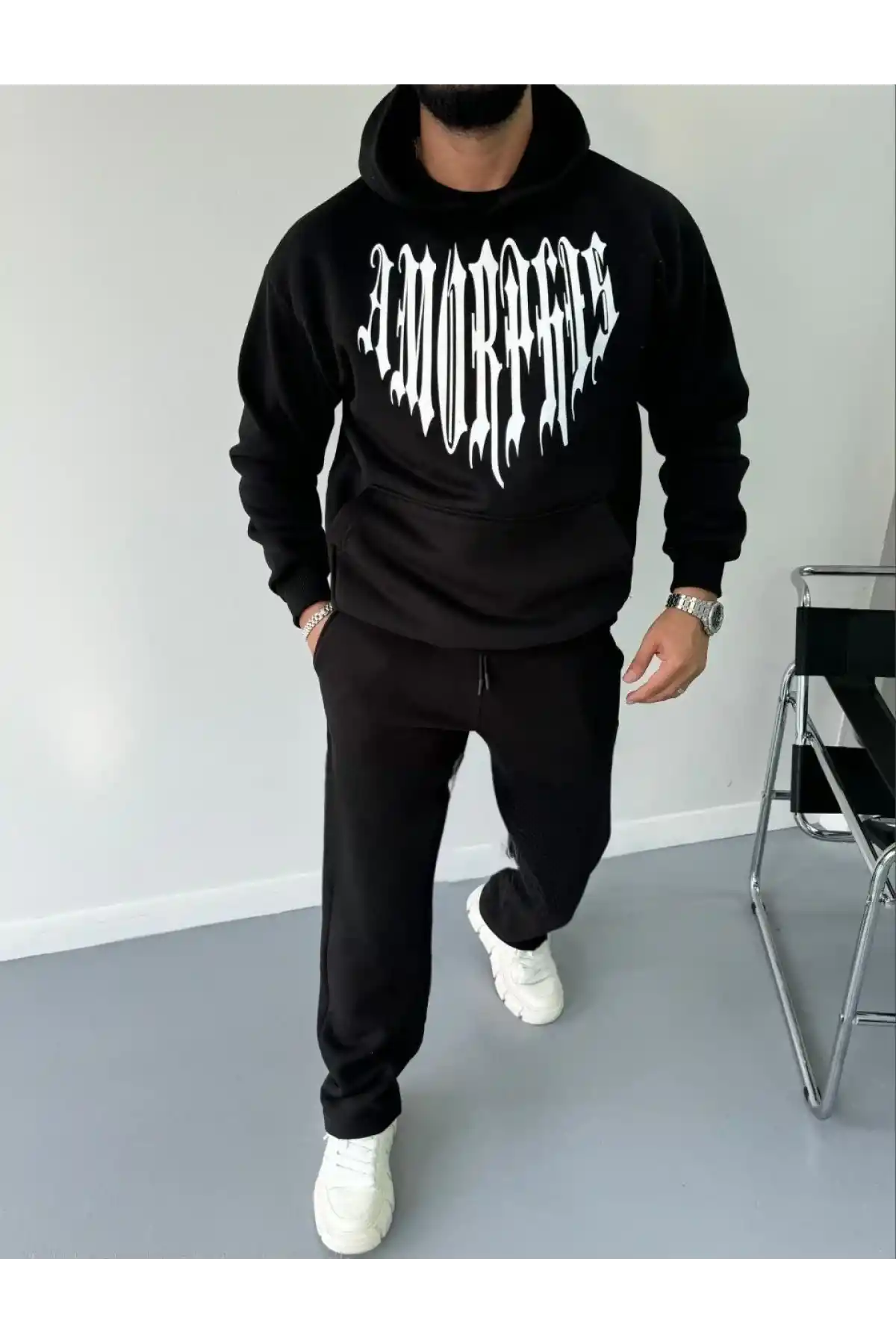 Uzun Kol Kapüşonlu Baskılı SweatShirt - Siyah