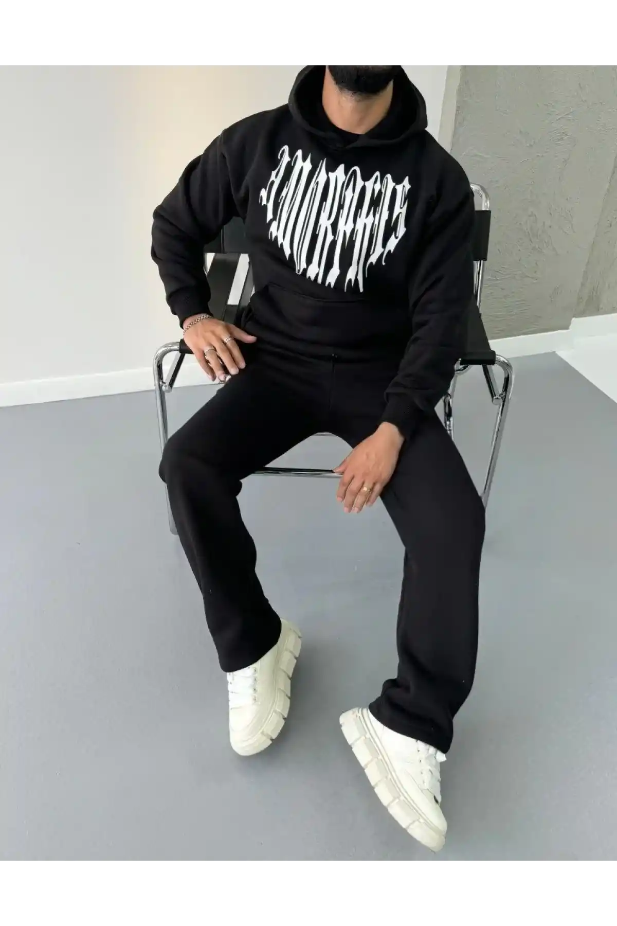 Uzun Kol Kapüşonlu Baskılı SweatShirt - Siyah