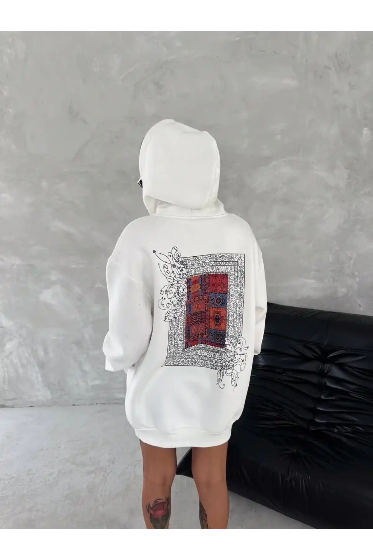 Uzun Kol Kapüşonlu Ön Ve Arka Baskılı SweatShirt - Beyaz