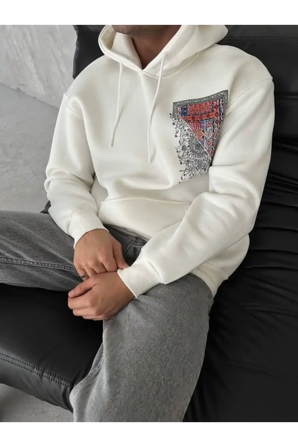 Uzun Kol Kapüşonlu Ön Ve Arka Baskılı SweatShirt - Beyaz