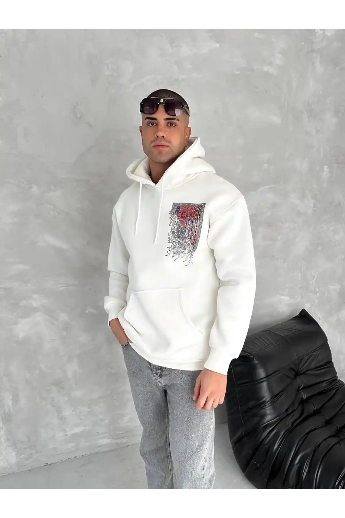 Uzun Kol Kapüşonlu Ön Ve Arka Baskılı SweatShirt - Beyaz