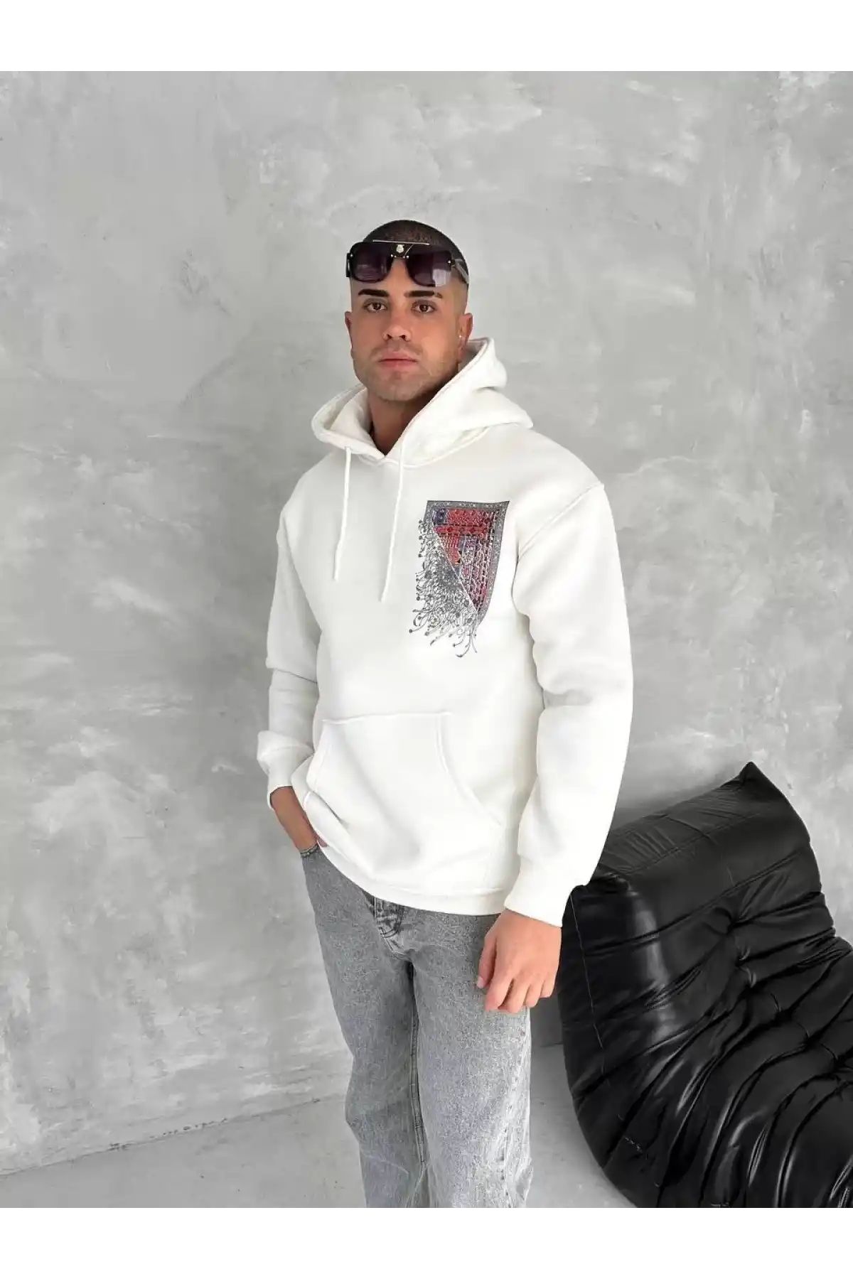 Uzun Kol Kapüşonlu Ön Ve Arka Baskılı SweatShirt - Beyaz