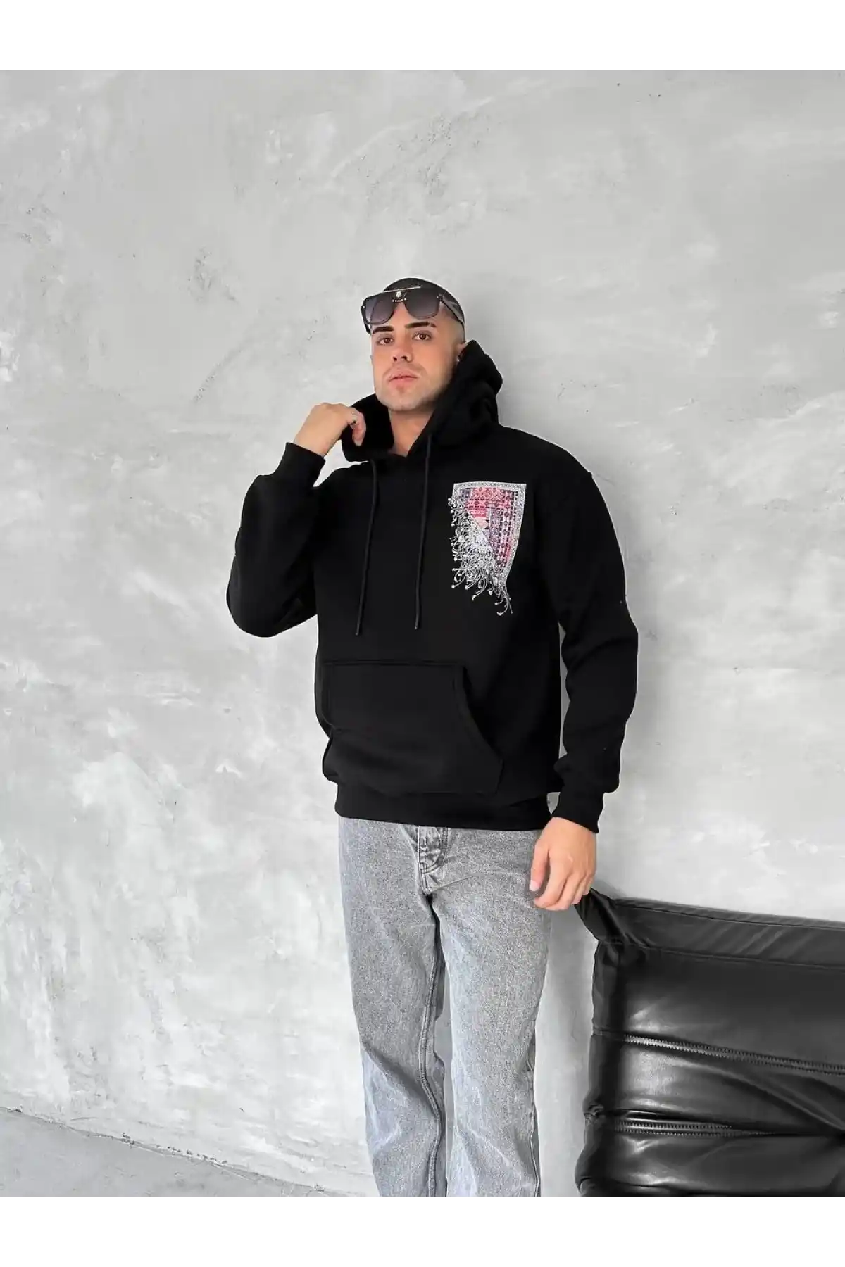 Uzun Kol Kapüşonlu Ön Ve Arka Baskılı SweatShirt - Siyah