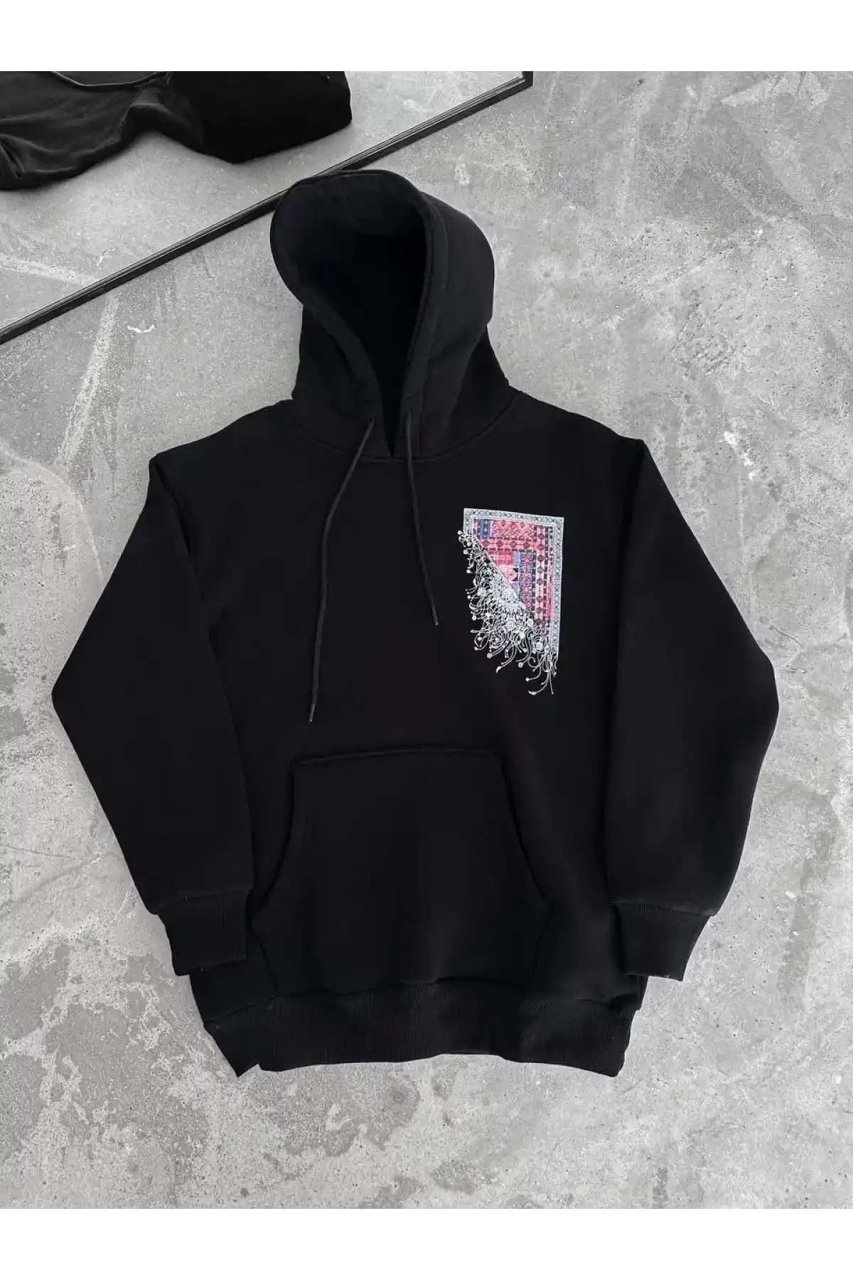 Uzun Kol Kapüşonlu Ön Ve Arka Baskılı SweatShirt - Siyah