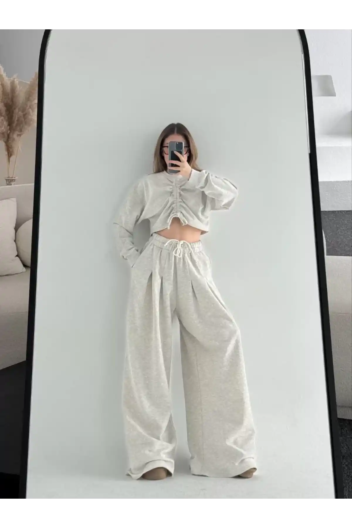 Uzun Kollu Önü İp Büzgülü Crop ve Pantolon İkili Takım - Gri