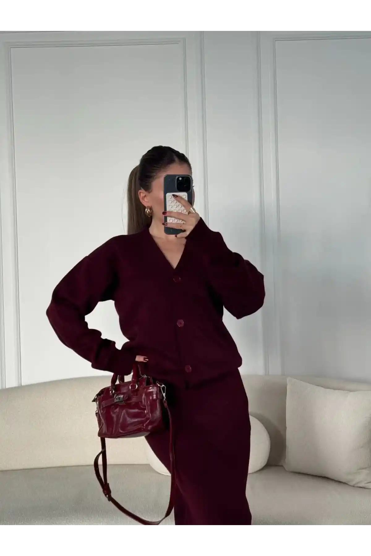V Yaka 3 Düğmeli Hırka Takım Triko İkili Etekli - Bordo