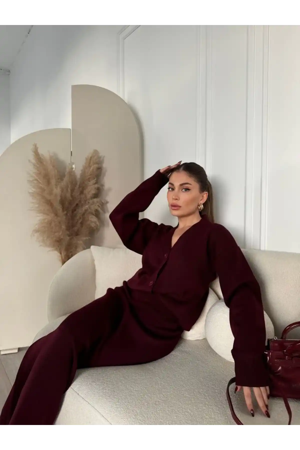 V Yaka 3 Düğmeli Hırka Takım Triko İkili Etekli - Bordo