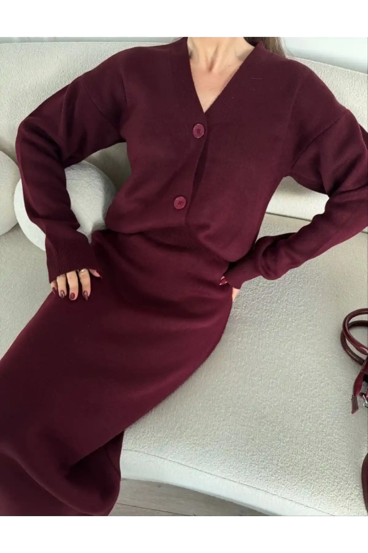 V Yaka 3 Düğmeli Hırka Takım Triko İkili Etekli - Bordo