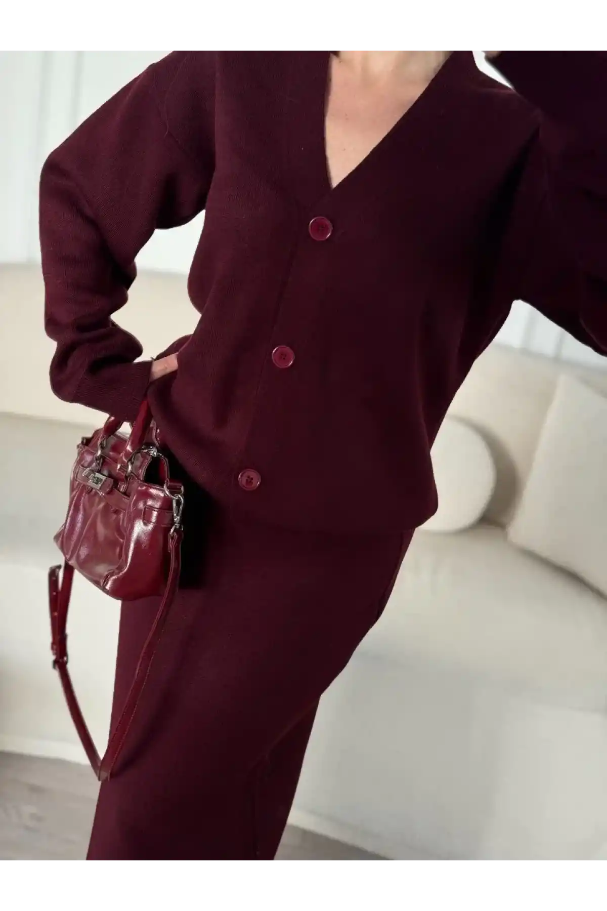 V Yaka 3 Düğmeli Hırka Takım Triko İkili Etekli - Bordo