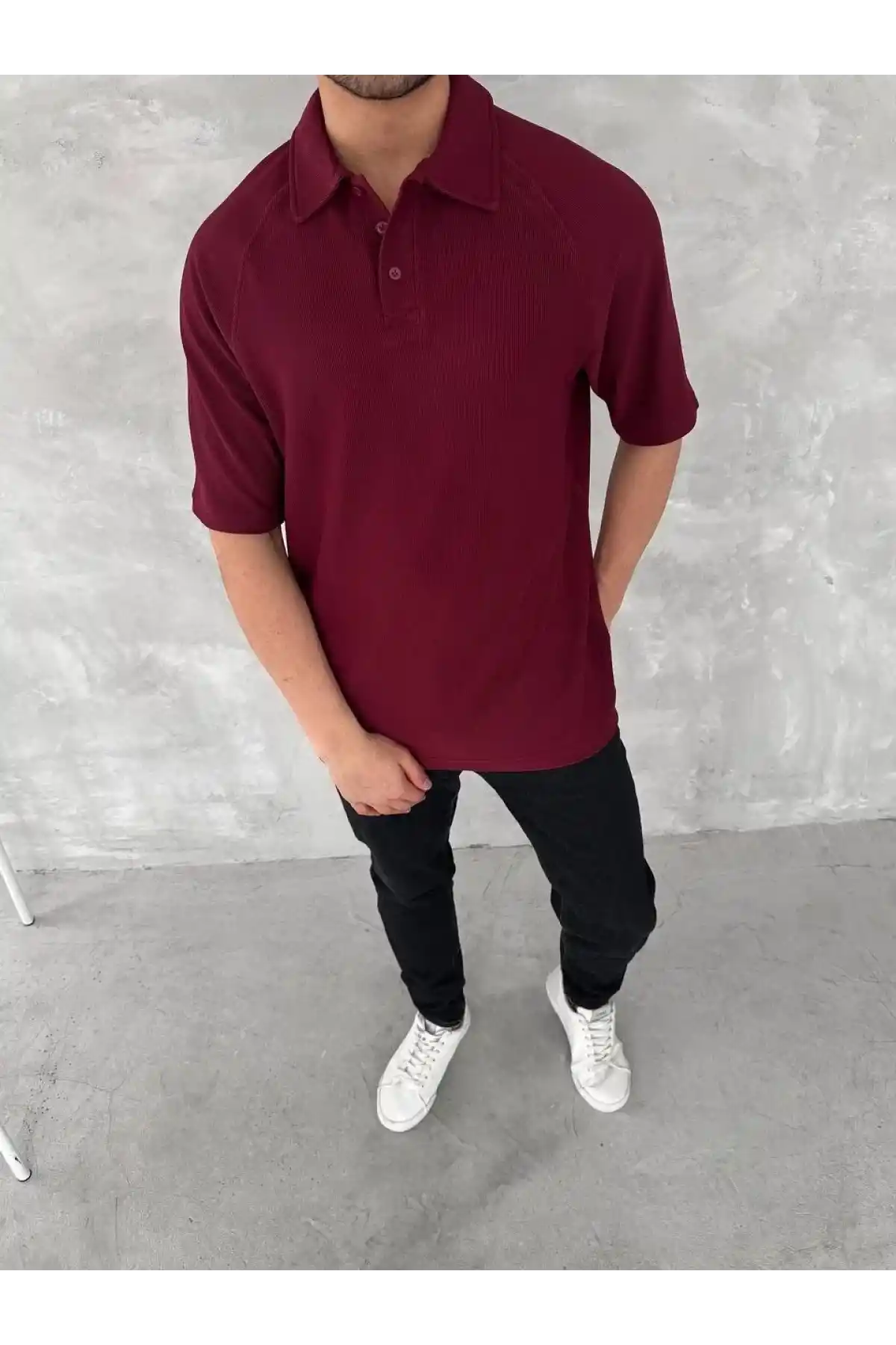 Yakalı Patlı Kısa Kol T-shirt - Bordo