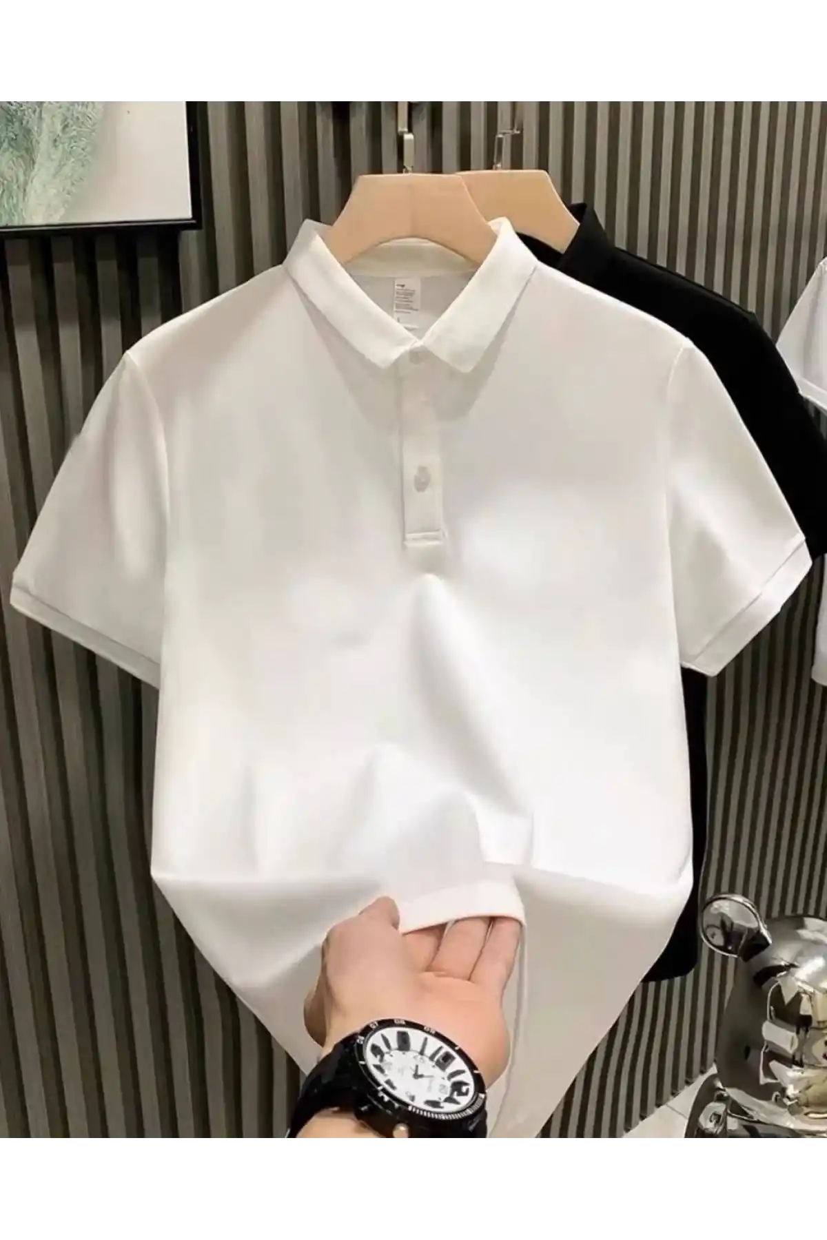 Erkek Yakası Düğmeli Yakalı Pike Düz T-Shirt - Beyaz