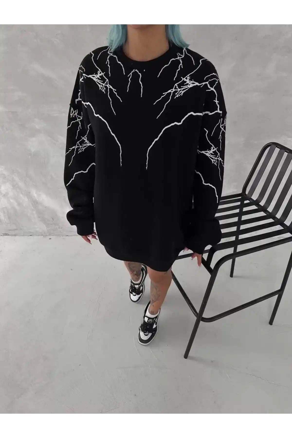 Yıldırım Baskılı Bisiklet Yaka SweatShirt - Siyah