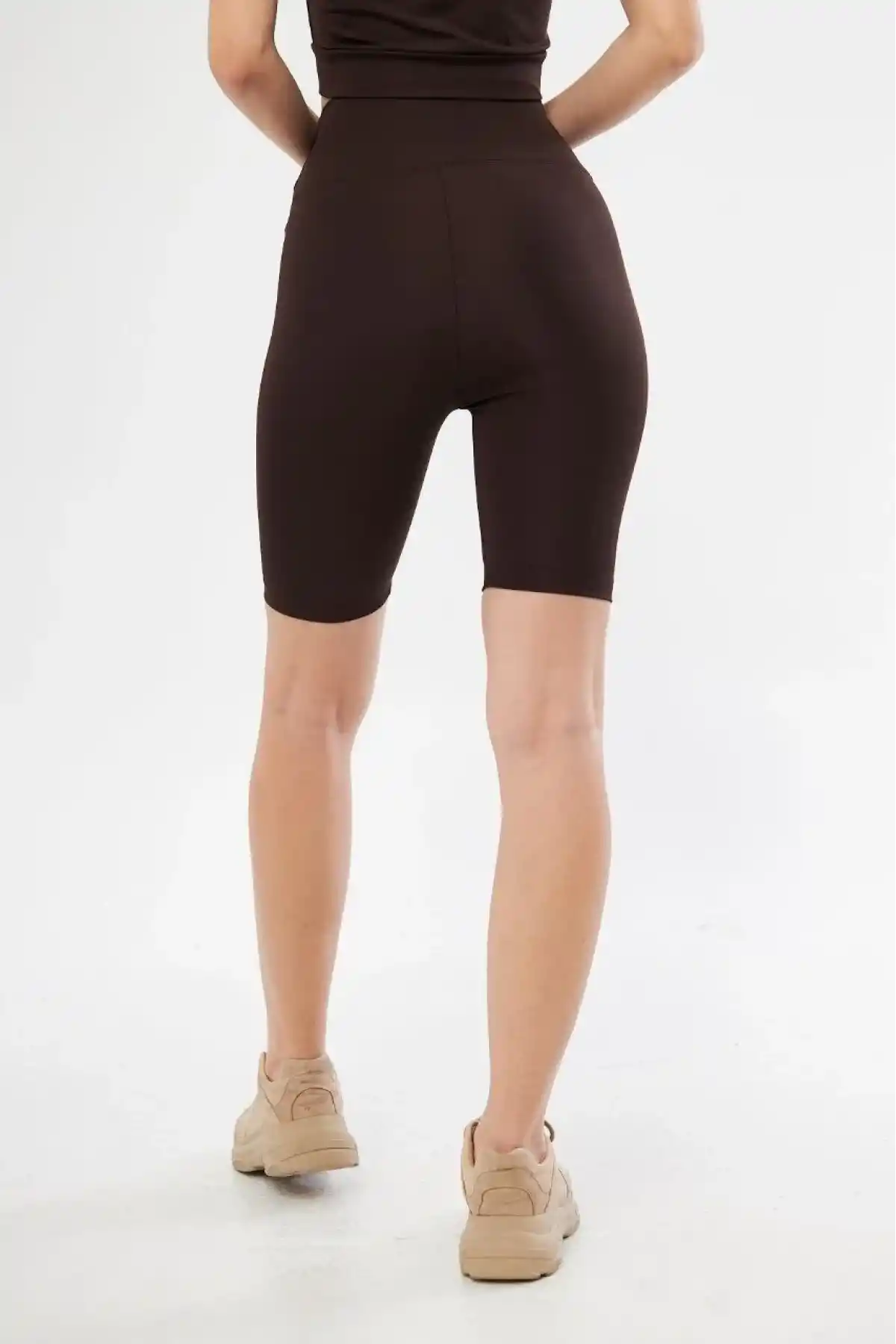 Yüksek Bel Biker Sporcu Şort - Kahve