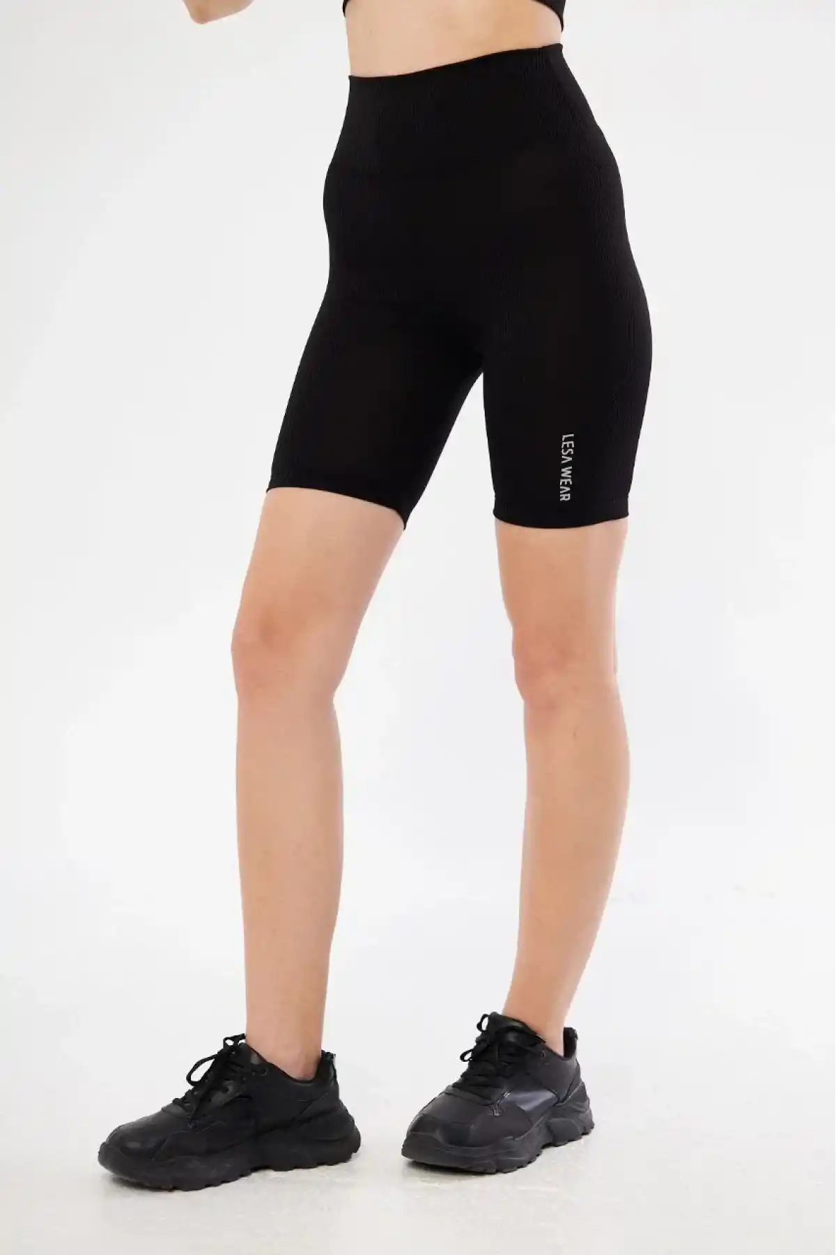 Yüksek Bel Fitilli Biker Baskılı Şort - Siyah