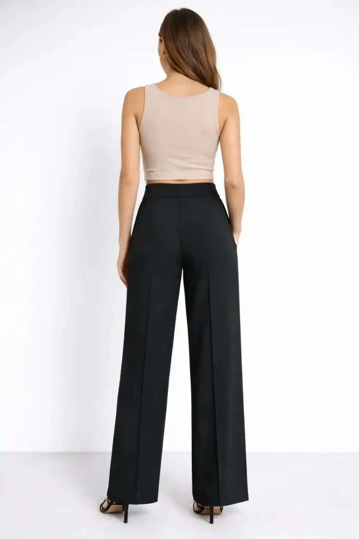 Yüksek Bel Palazzo Pantolon Çima Dikişli Bol Paça Akıcı ve Ofis Şıklığı Kadın - Siyah