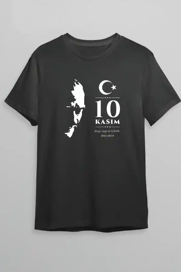 10 Kasım Atatürk Anma Günü Silüet Baskılı Oversize Bisiklet Yaka T-shirt - Siyah