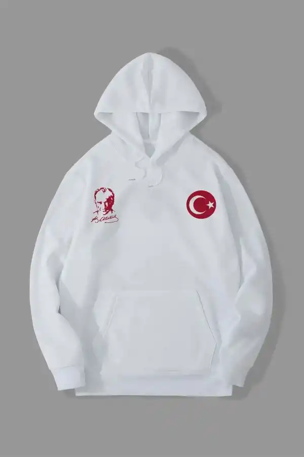 Erkek 10 Kasıma Özel 3 İplik Kapüşonlu Baskılı SweatShirt Hoodie - Beyaz
