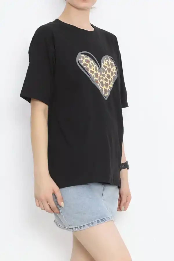 14 Şubat Sevgililer Günü Leopar Kalp Baskılı Oversize Bisiklet Yaka T-shirt - Siyah