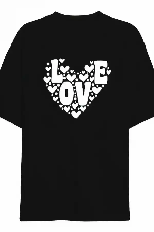 14 Şubat Sevgililer Günü Love Kalp Baskılı Oversize Bisiklet Yaka T-shirt - Siyah