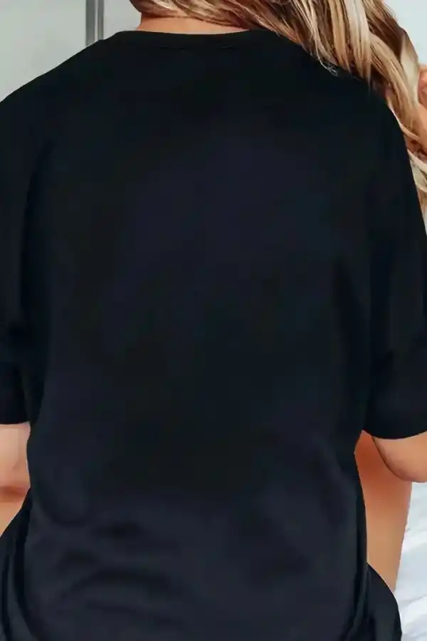 Kadın Kısa Kol Yazlık Tişört Bisiklet Yaka Baskılı Oversize T-Shirt - Siyah
