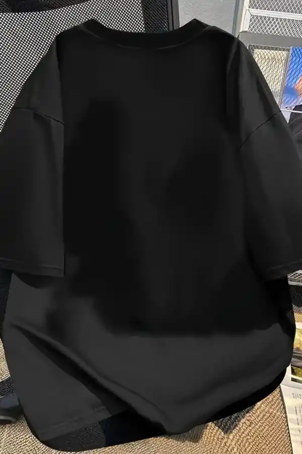 Kadın Kısa Kol Yazlık Tişört Bisiklet Yaka Baskılı Oversize T-Shirt - Siyah