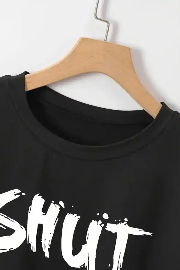 Kadın Tişört Shut Up Baskılı Kısa Kol Bisiklet Yaka T-Shirt - Siyah