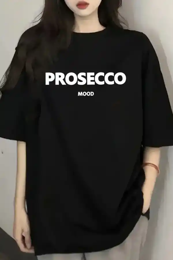 Kadın Kısa Kol Yazlık Tişört Bisiklet Yaka Baskılı Oversize T-Shirt - Siyah