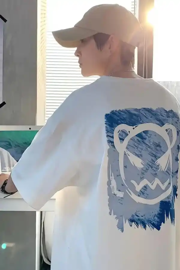 Erkek Tişört Bisiklet Yaka Kore sevimli ayı baskı Kısa Kol T-Shirt  - Beyaz