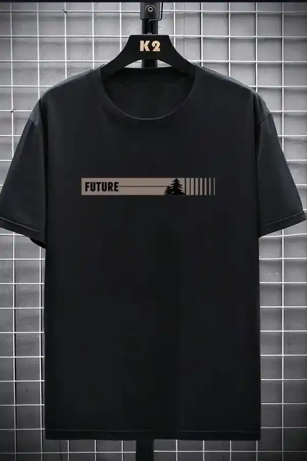 Erkek Tişört FUTRE Baskılı Kısa Kol Bisiklet Yaka T-shirt - Siyah