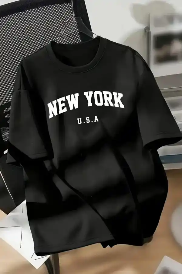 kadın New York Baskılı Tişört Kısa Kol Bisiklet Yaka T-shirt - Siyah