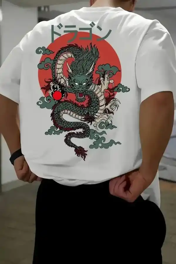 Erkek Tişört Penye Compack Ejder Baskılı Bisiklet Yaka T-shirt - Beyaz