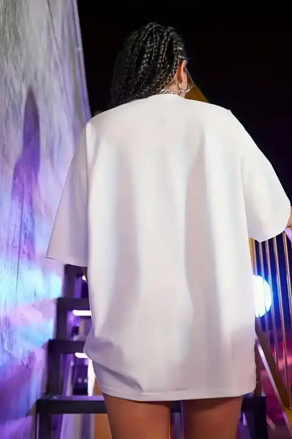 Kadın Shut Up Baskılı Tişört Kısa Kol Bisiklet Yaka Oversize T-Shirt - Beyaz