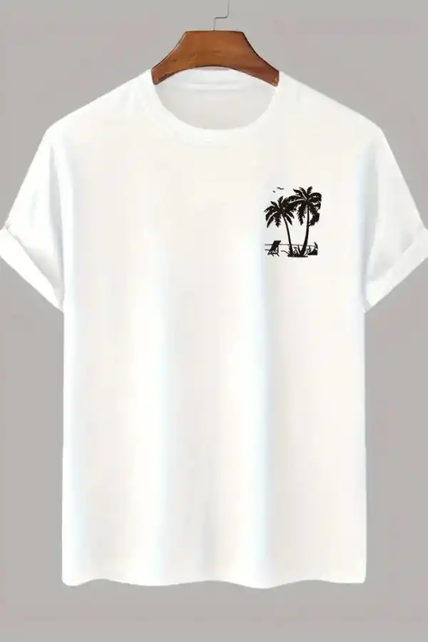 Erkek Kısa Kol Yazlık Tişört Bisiklet Yaka Palmiye Baskılı T-Shirt - Beyaz