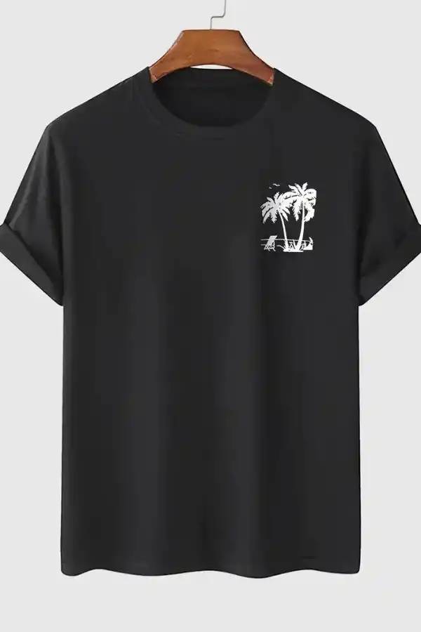 Erkek Kısa Kol Yazlık Tişört Bisiklet Yaka Palmiye Baskılı T-Shirt - Siyah