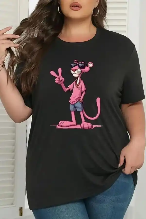 Kadın Tişört Pembe Panter Baskılı Bisiklet Yaka Kısa Kol T-shirt - Beyaz