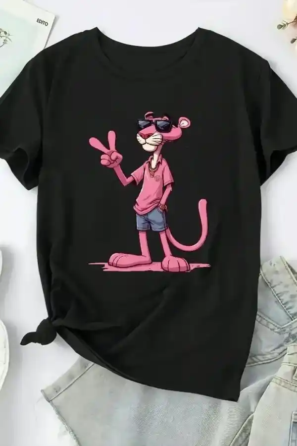 Kadın Tişört Pembe Panter Baskılı Bisiklet Yaka Kısa Kol T-shirt - Beyaz