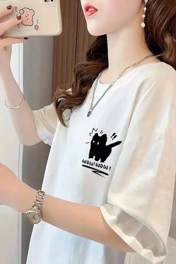 Kadın Tişört Penye Compack Tatlı Kedi Baskılı Bisiklet Yaka T-shirt - Beyaz