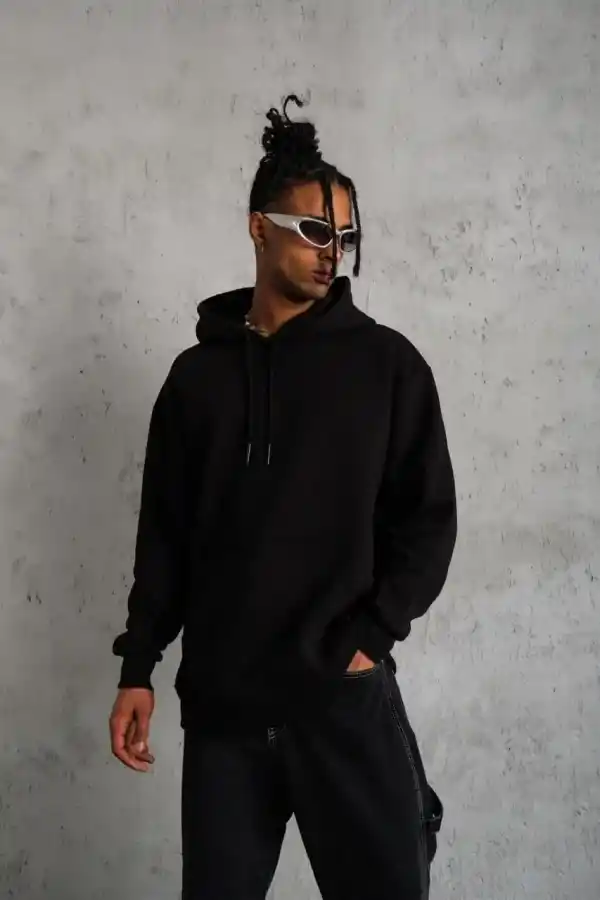 Erkek 3 İplik Pamuklu Kapüşonlu Cepli Düz Oversize Hoodie Sweatshirt - Siyah