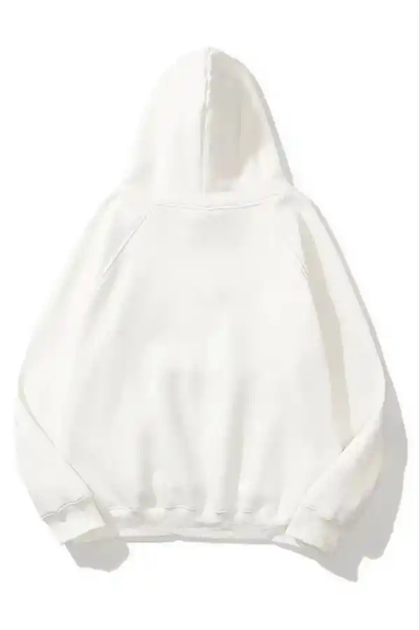 Kadın Kapüşonlu Kanguru Cepli 3 İplik Pamuklu Düz Hoodie Sweatshirt - Beyaz