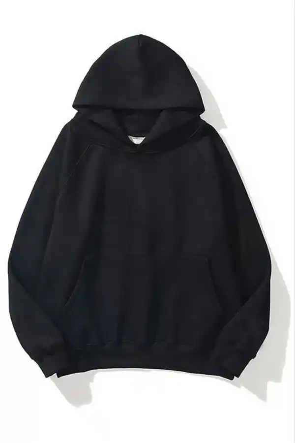 Kadın Kapüşonlu Kanguru Cepli 3 İplik Pamuklu Düz Hoodie Sweatshirt - Siyah