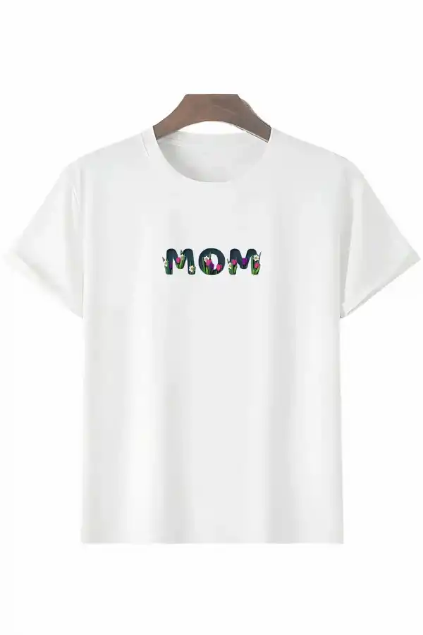 Anneler Günü Hediye Mom Çiçek Baskılı Oversize Bisiklet Yaka T-shirt - Beyaz