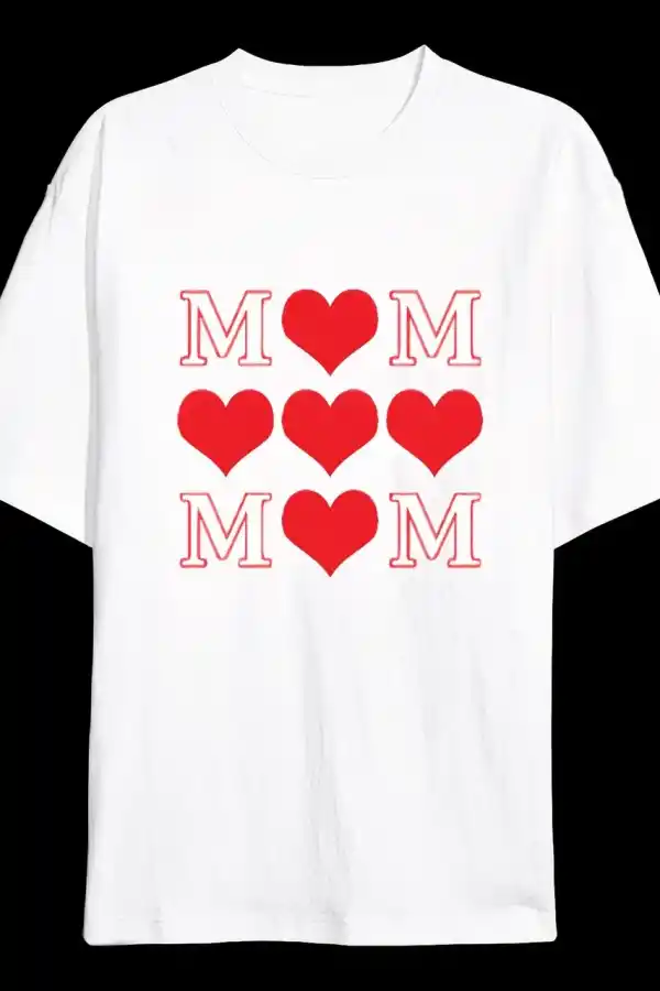 Anneler Günü Hediye MOM Kalp Baskılı Oversize Bisiklet Yaka T-shirt - Beyaz