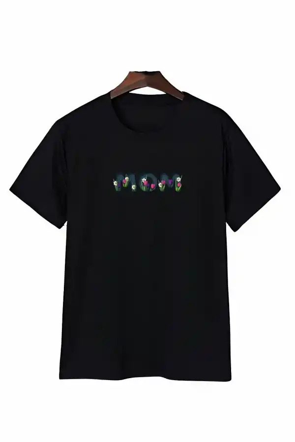 Anneler Günü Mom Çiçek Temalı Baskılı Oversize Bisiklet Yaka T-shirt - Siyah
