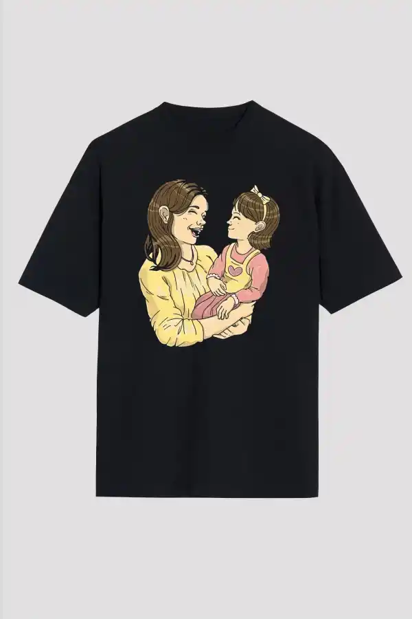 Anneler Gününe Özel Tasarım Anne Kız Baskılı T-shirt - Siyah