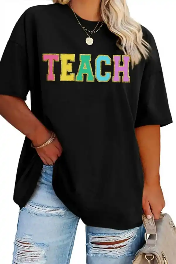 Kadın Baskılı T-Shirt Kısa Kol Bisiklet Yaka Oversize Rahat Kalıp Tişört - Siyah