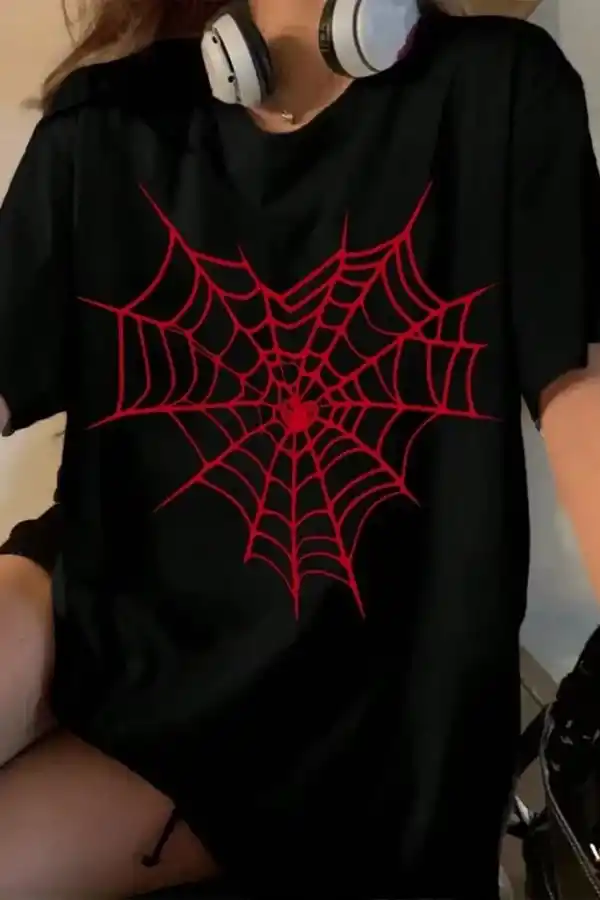 Kadın Örümcek Ağ Baskılı T-Shirt Kısa Kol Bisiklet Yaka Oversize Tişört - Siyah