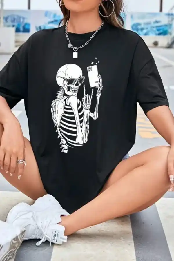 Kadın iskelet Baskılı T-Shirt Kısa Kol Bisiklet Yaka Oversize Tişört - Siyah