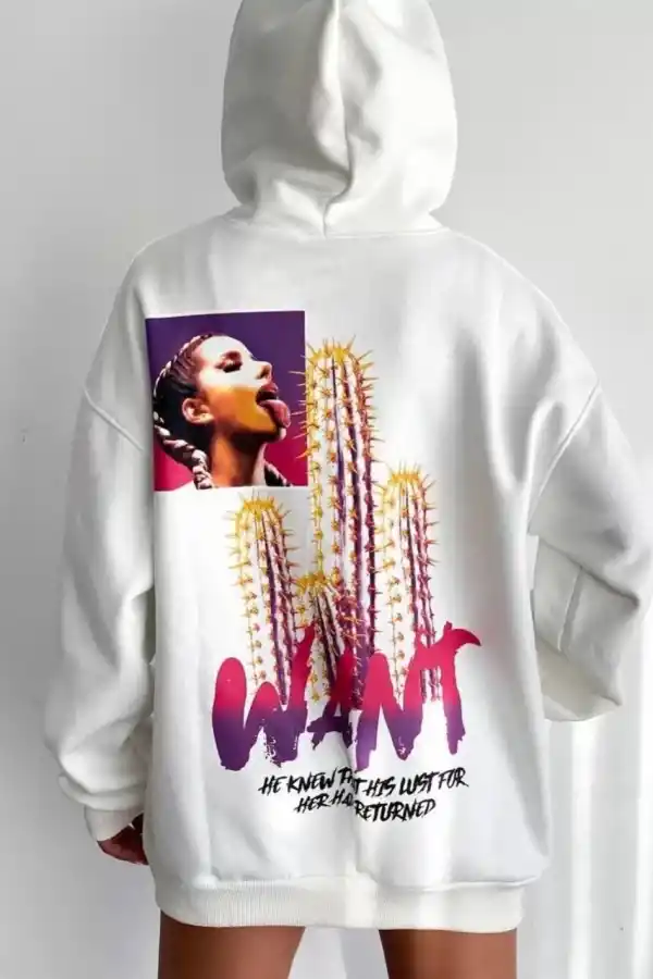 Kadın Oversize Kapüşonlu Cepli WANT Baskılı 3 İplik Pamuklu Hoodie Sweatshirt - Beyaz