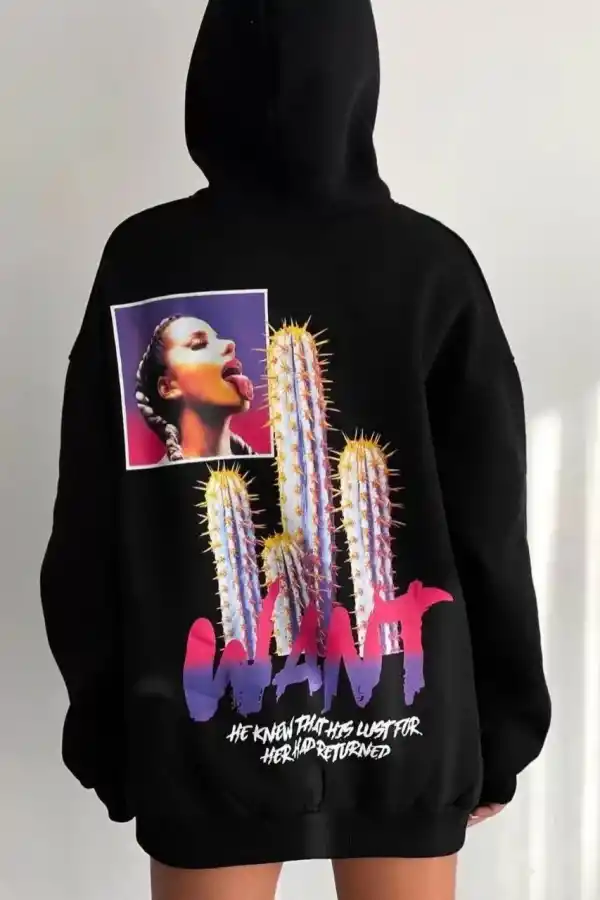 Kadın Oversize Kapüşonlu Cepli WANT Baskılı 3 İplik Pamuklu Hoodie Sweatshirt - Siyah