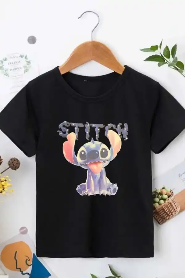 Bisiklet Yaka Kısa Kol Çocuk Baskılı T-Shirt - Siyah
